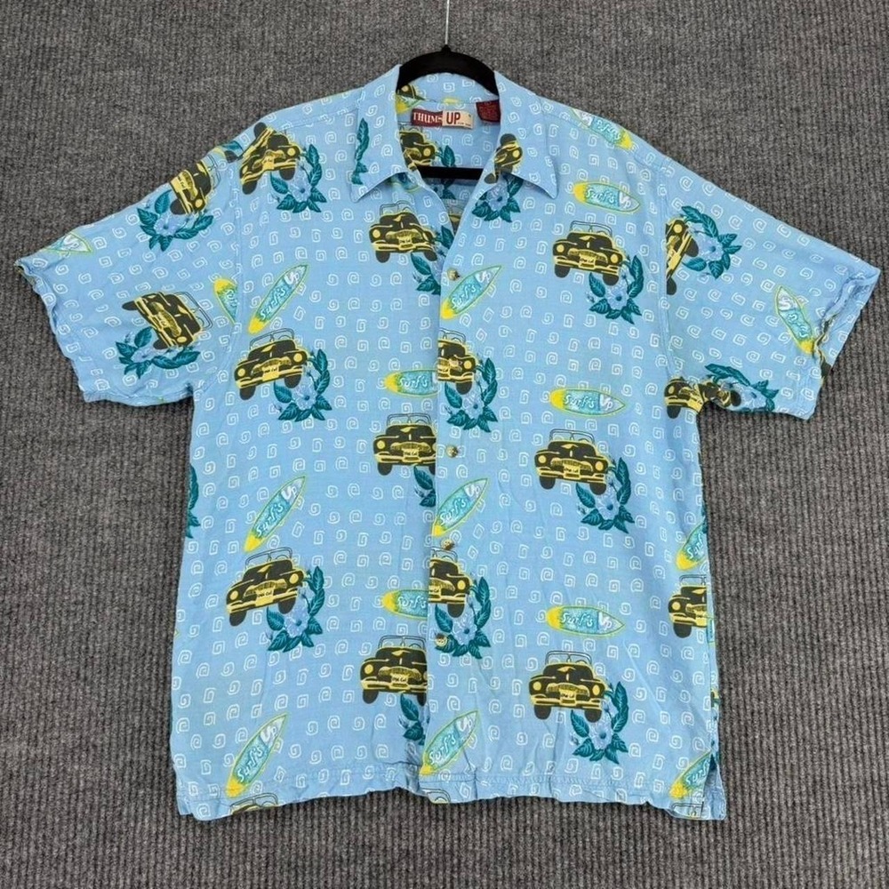 Vintage Thums Up Hawaiian shirt men's large blue surf car beach button up